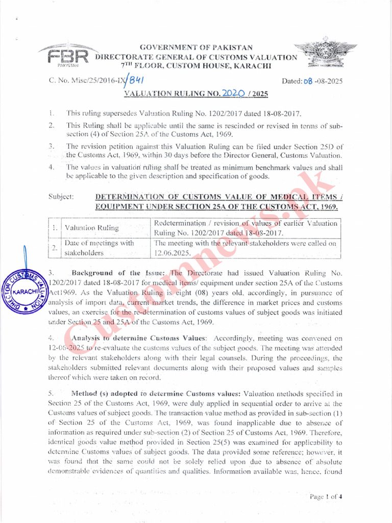 Pakistan Customs Valuation Ruling 2025 | PDF