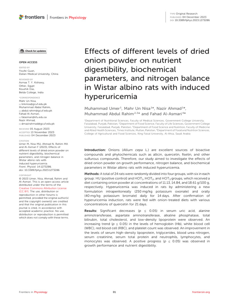 Effects of Dried Onion Powder on Rats | PDF