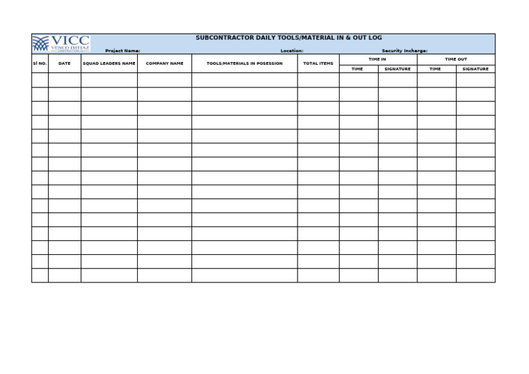 Subcontractor Material in & Out Security Log | PDF