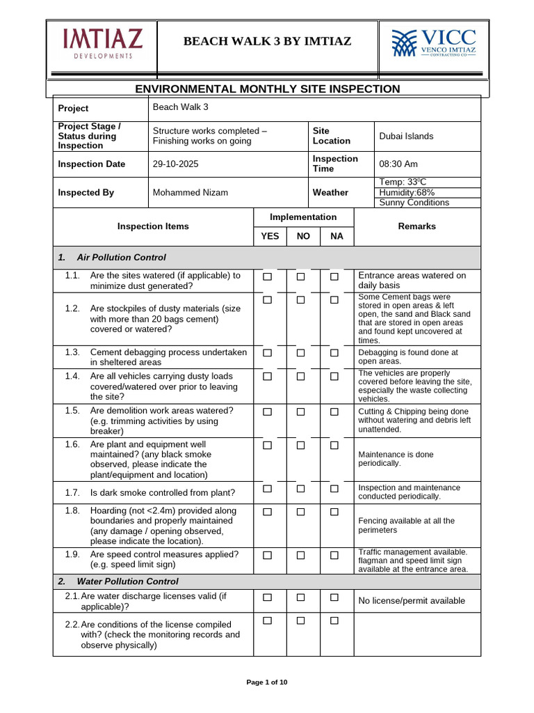 Beach Walk 3 Environmental Inspection Report | PDF | Pollution