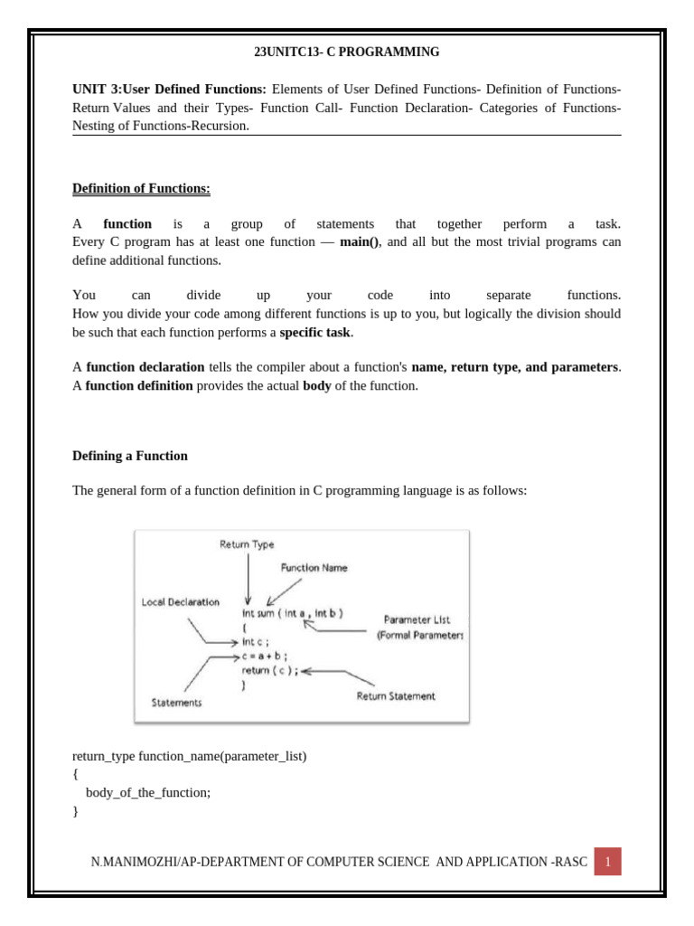 C Programming: User Defined Functions | PDF | Pointer (Computer ...
