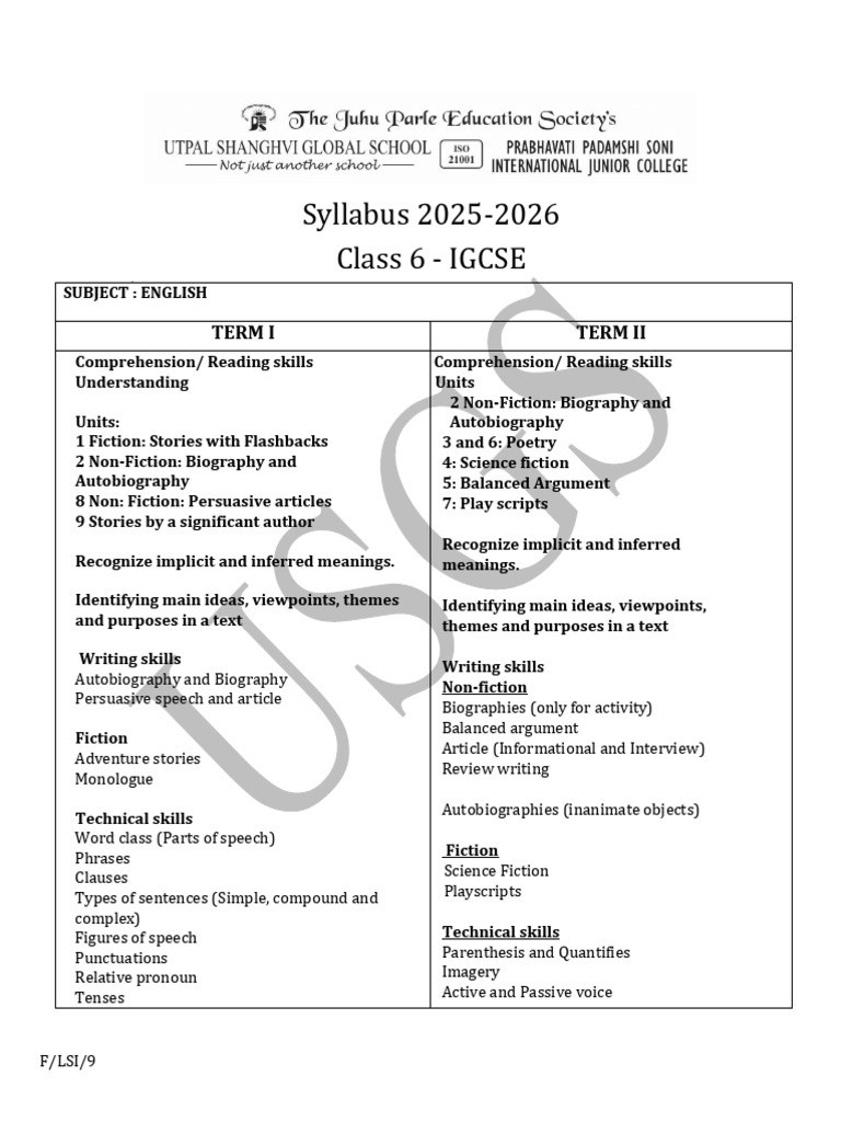 Class 6 IGCSE English Syllabus 2025-2026 | PDF | Part Of Speech ...
