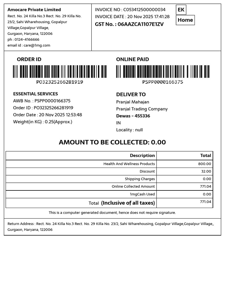 Amocare Invoice for Health Products | PDF