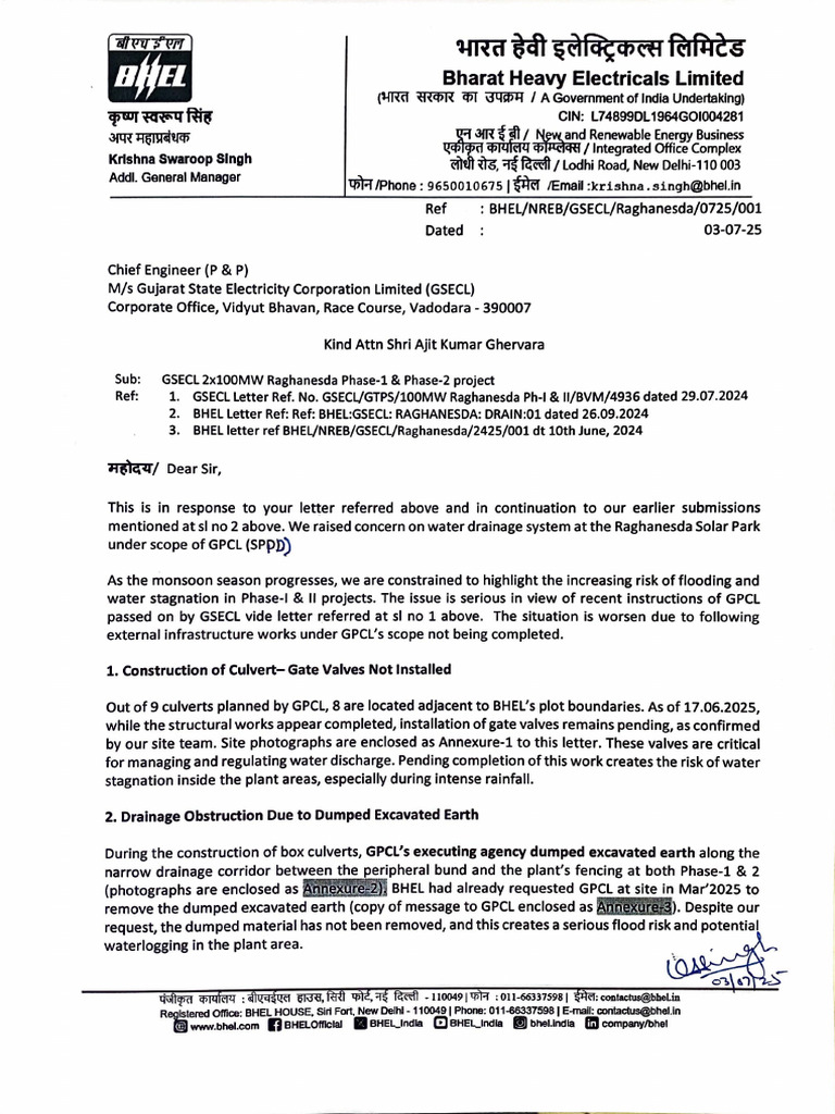 BHEL Letter DT 03.07.25 - GPCL Infrastructure Reg - GSECL Raghanesda ...