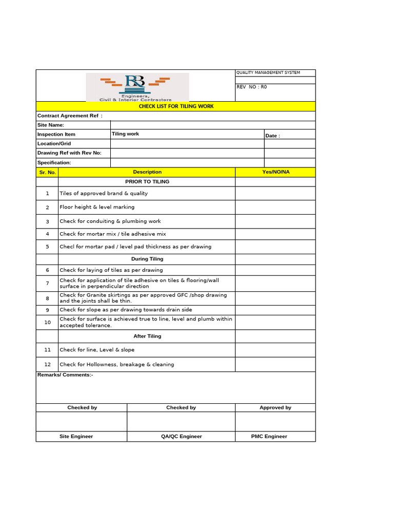 Tiling Work Quality Management Checklist | PDF