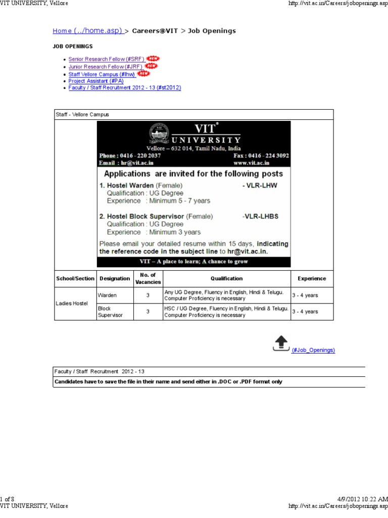 VIT University Job Openings 2012-13 | PDF | Employment | Academic Degree