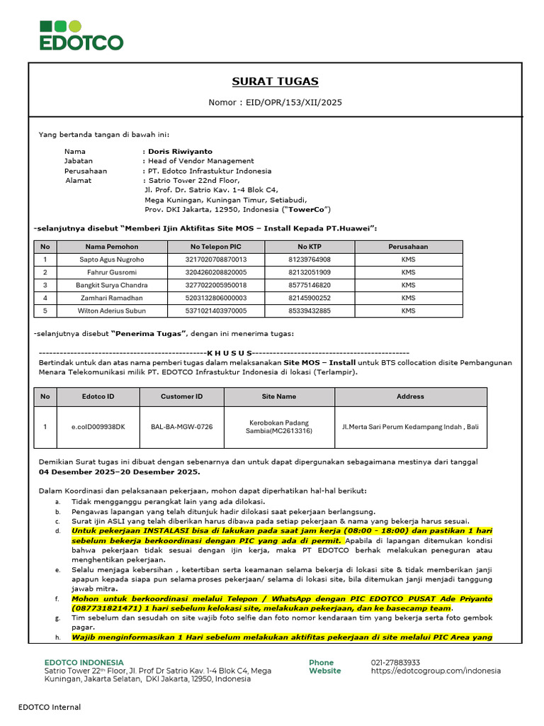 Surat Tugas Instalasi Site MOS Edotco | PDF