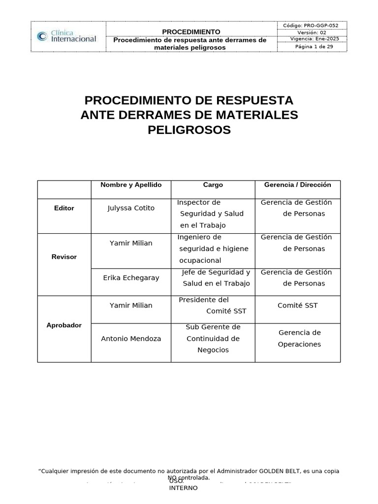 Procedimiento para Derrames Peligrosos | PDF | Seguridad y salud ...