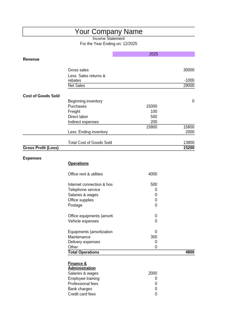 Income Statement Template 2025-Filled | PDF | Expense | Cost Of Goods Sold