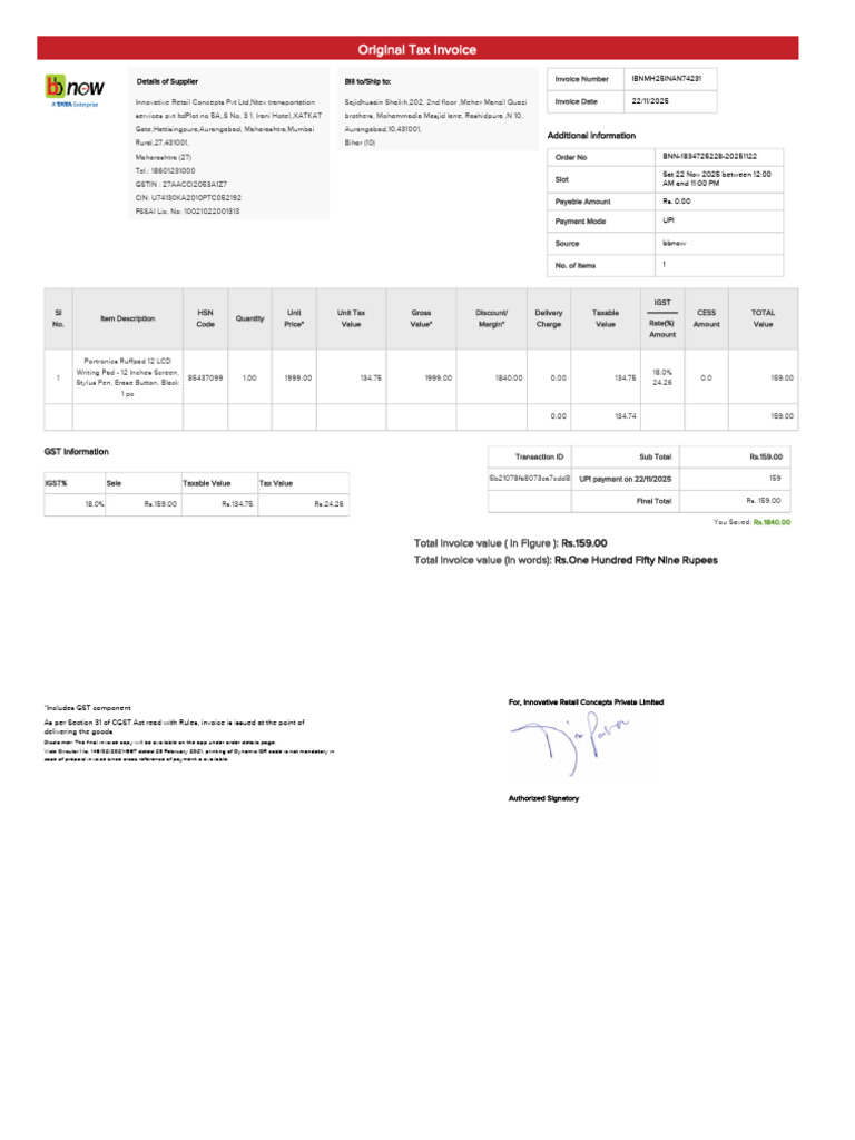 Tax Invoice for Portronics Ruffpad Purchase | PDF | Invoice | Taxation