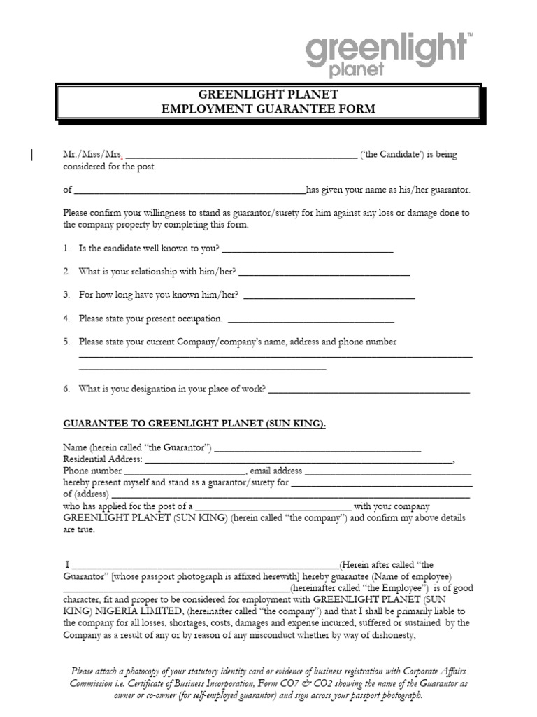 Employment Guarantee Form for Guarantors | PDF | Guarantee | Legal ...