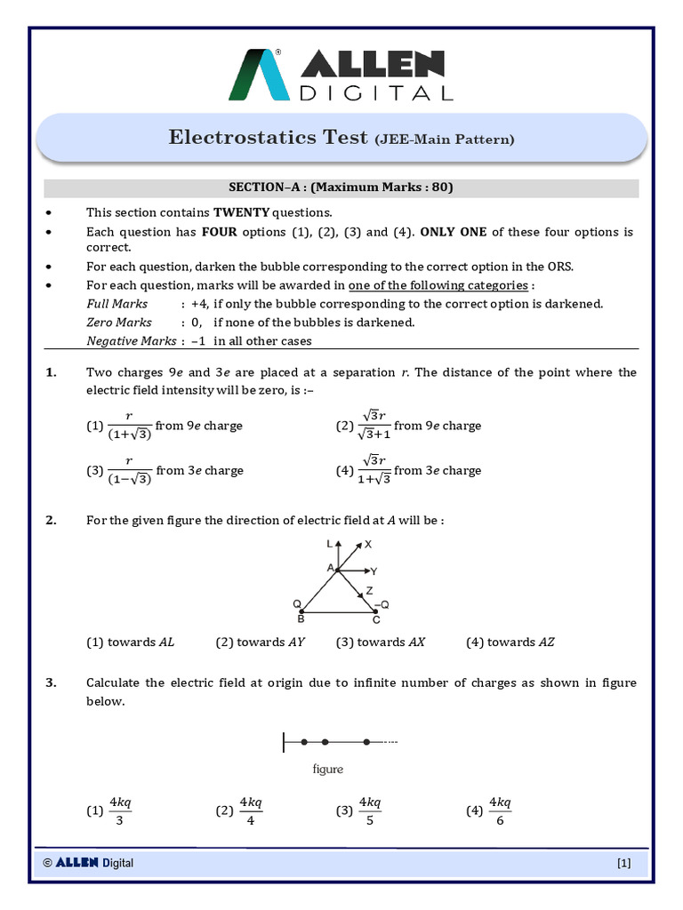 Electrostatics Test for JEE-Main | PDF | Electric Field | Sphere