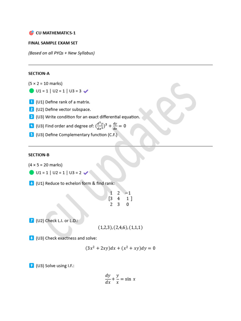 CU Mathematics-1 Final Exam Sample | PDF