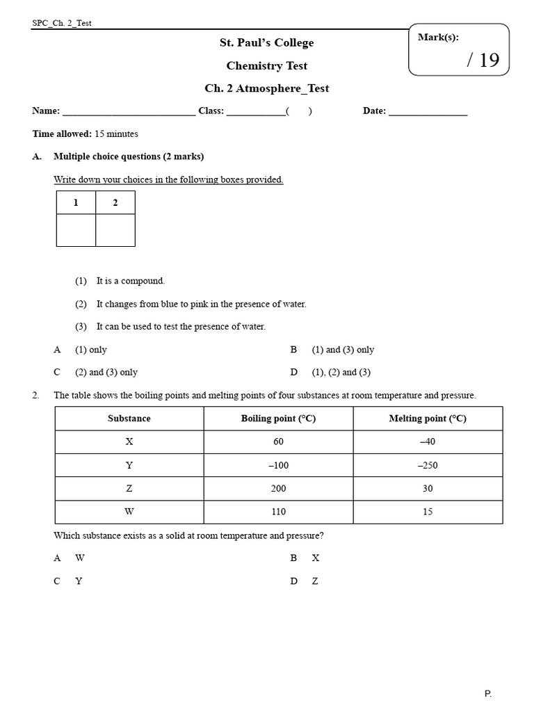 St. Paul’s College Chemistry Test: Atmosphere | PDF | Atmosphere Of ...