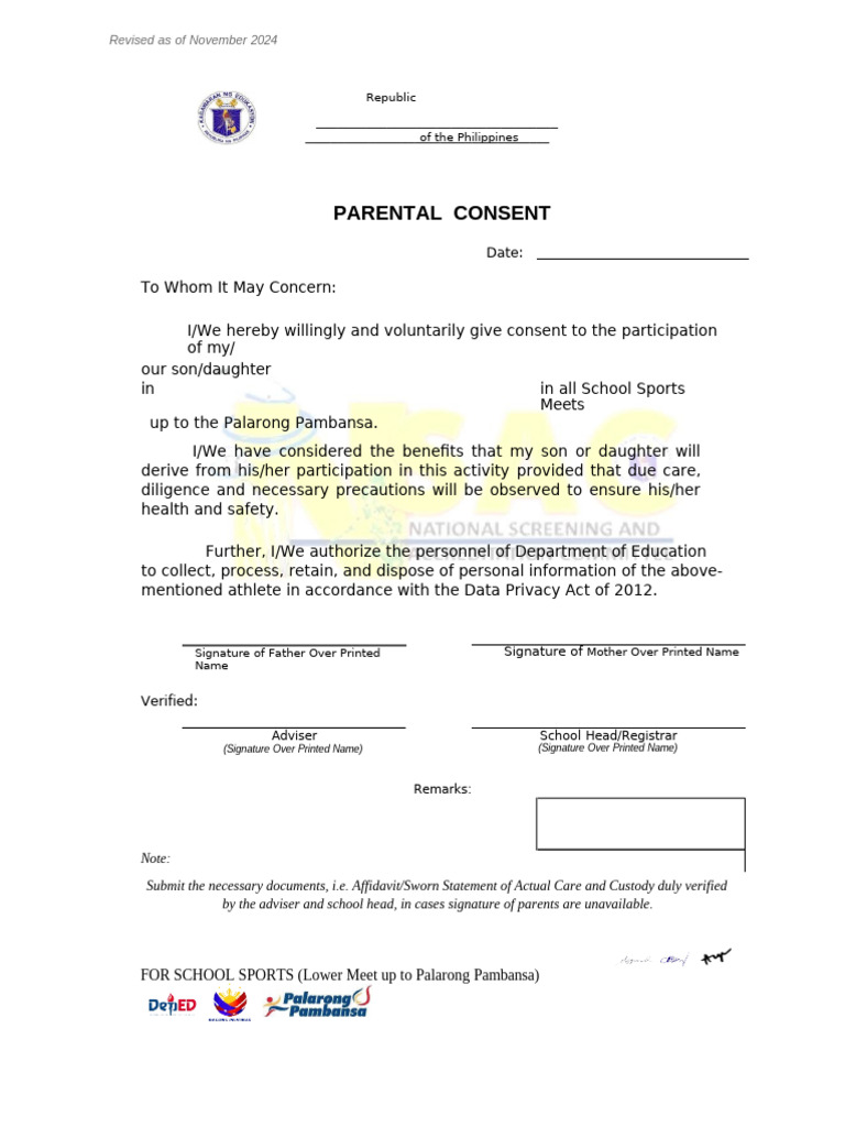 Parental Consent for School Sports Participation | PDF