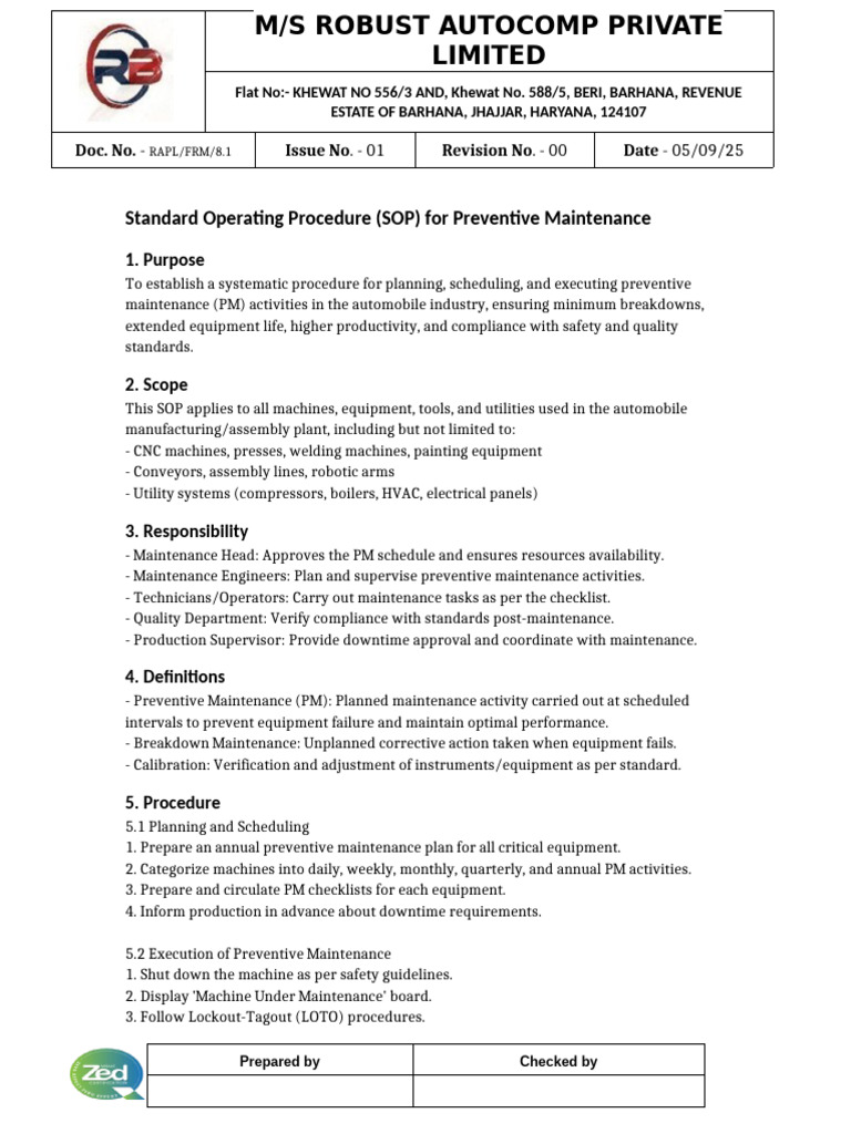 Preventive Maintenance SOP for Auto Industry | PDF | Safety