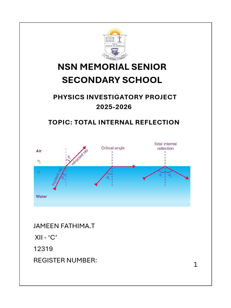 Total Internal Reflection Project 2025 | PDF | Optics | Reflection ...