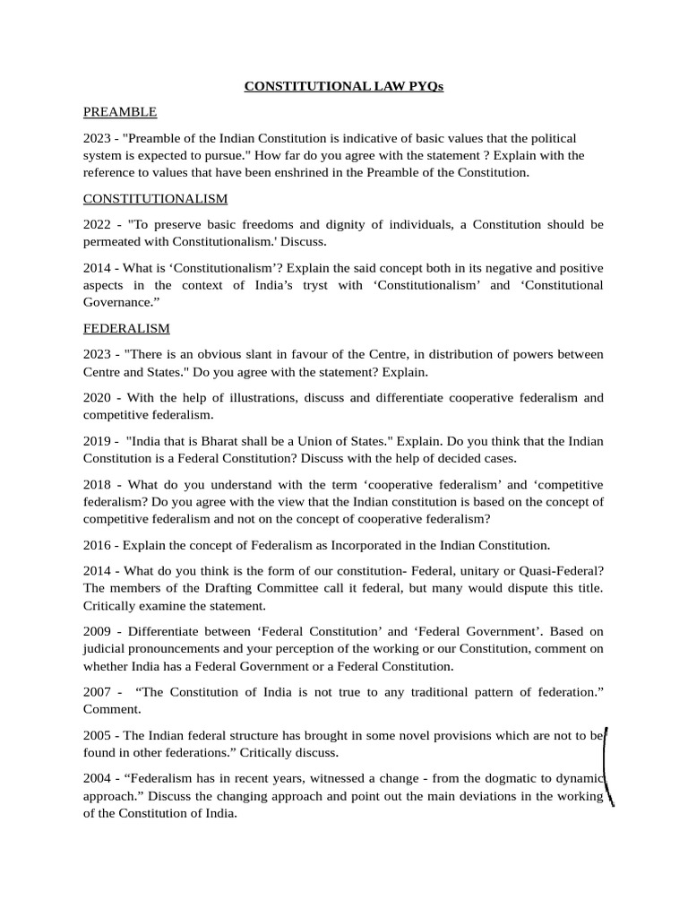 Constitutional Law Previous Year Questions | PDF | Constitution ...