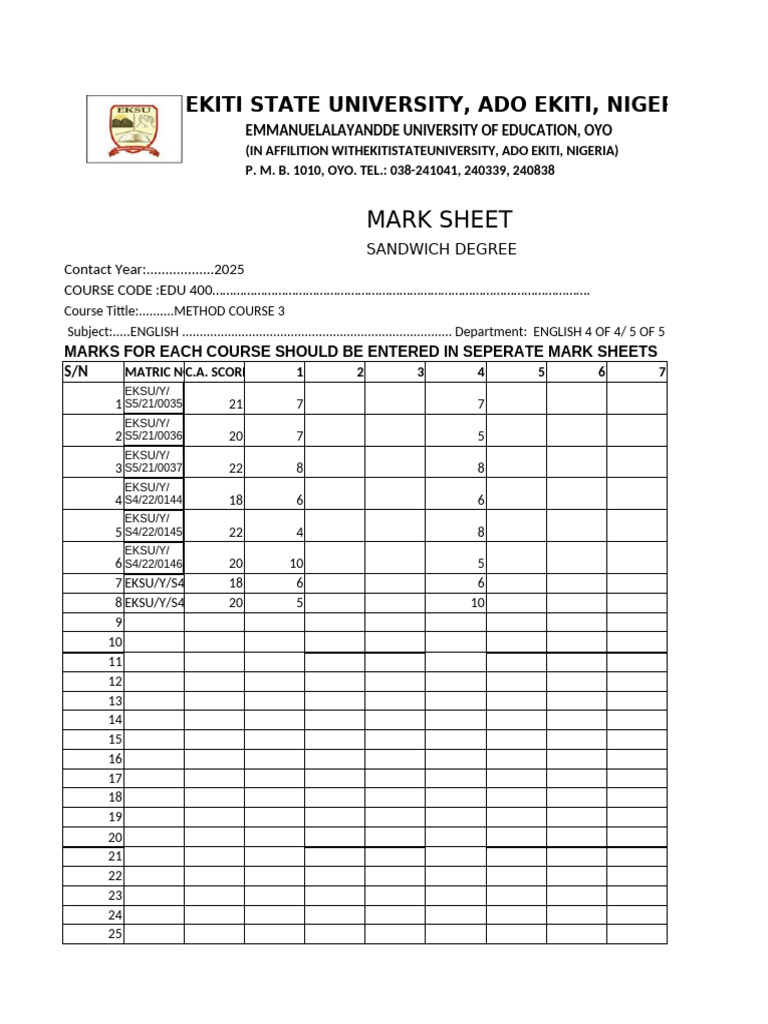 EKSU Sandwich Degree Mark Sheet 2025 | PDF
