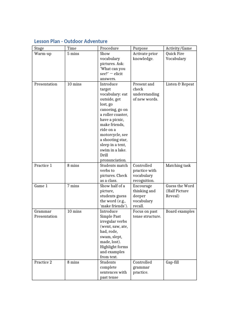 Outdoor Adventure Lesson Plan | PDF | Vocabulary | Grammatical Tense