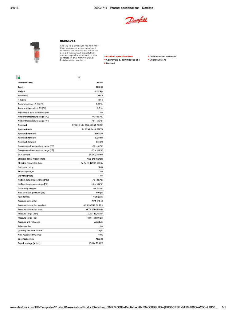 060G1711 - Product Specifications - Danfoss | PDF