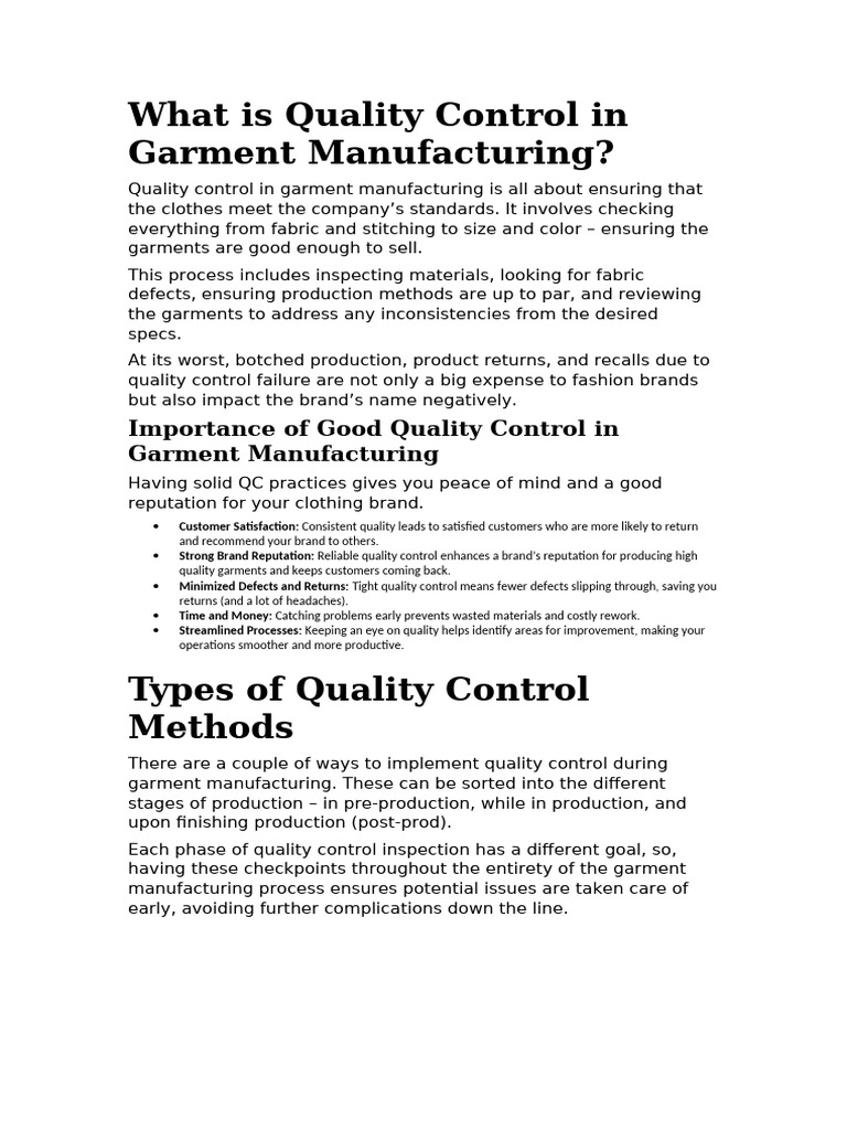 Quality Control in Garment Manufacturing | PDF | Business