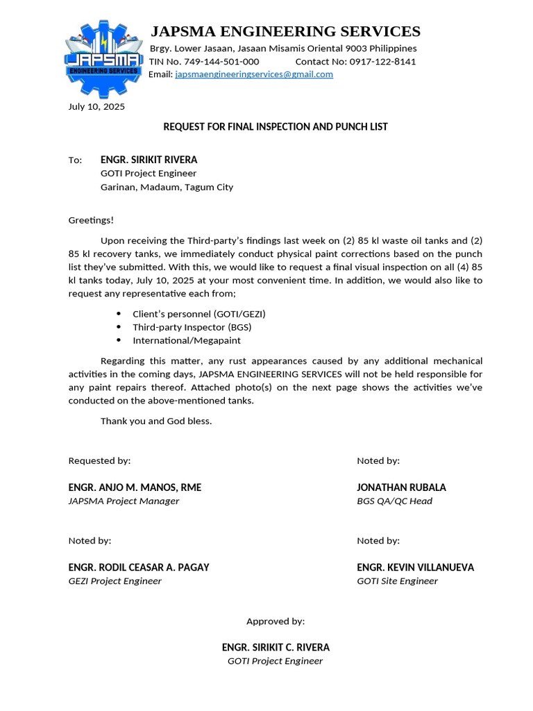 Request For Final Inspection 85 KL | PDF