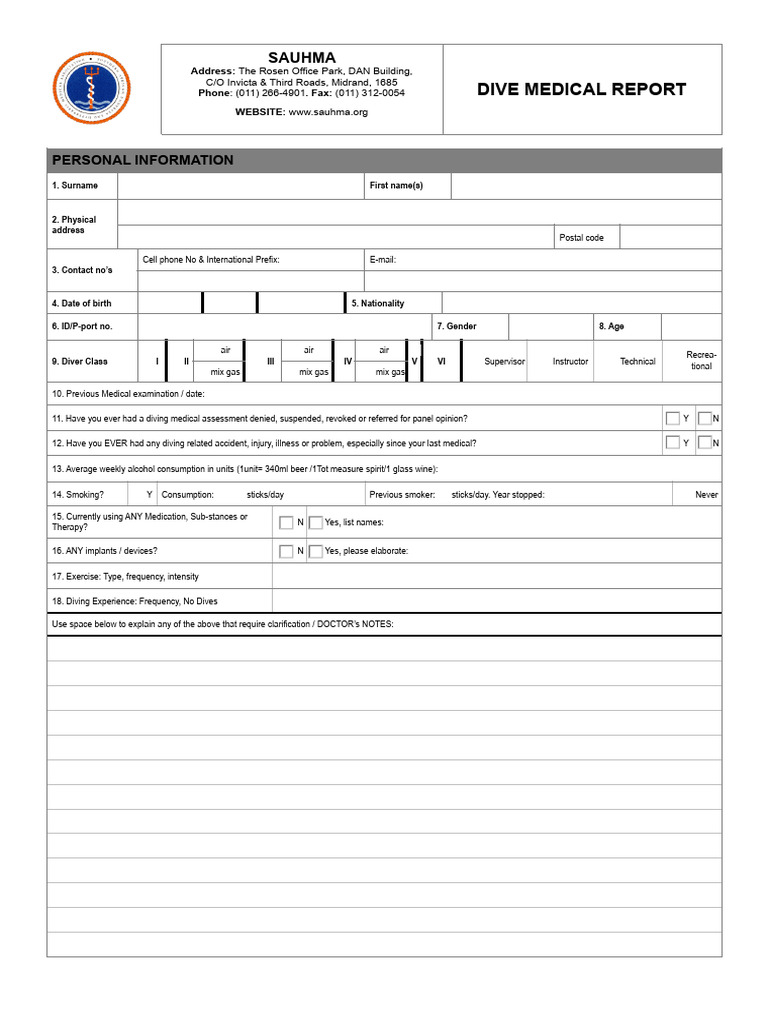 Dive Medical Report Form | PDF | Thorax | Headache