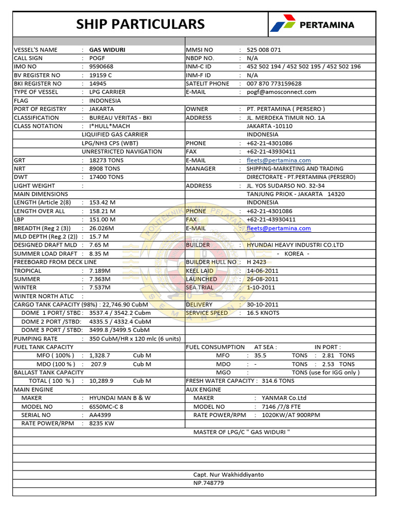 LPG Carrier Gas Widuri Specifications | PDF | Watercraft | Ships