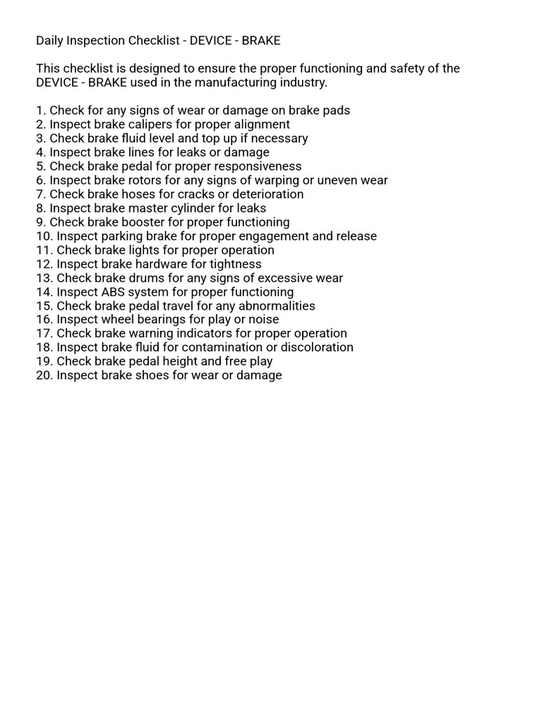 Daily Brake Inspection Checklist | PDF