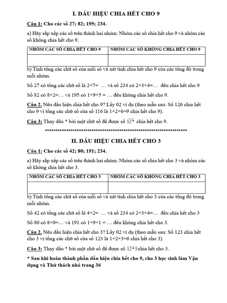 Dấu Hiệu Chia Hết Cho 9, Cho 3 - 251013 - 154019 | PDF