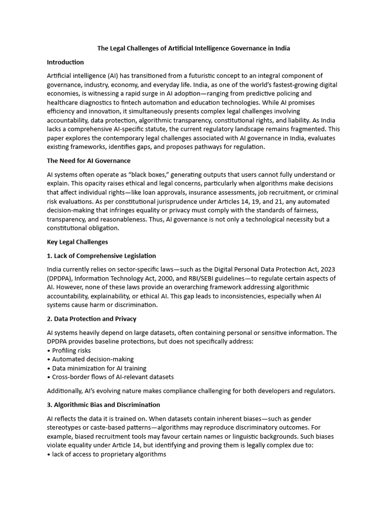 Legal Challenges of AI Governance in India | PDF | Artificial ...