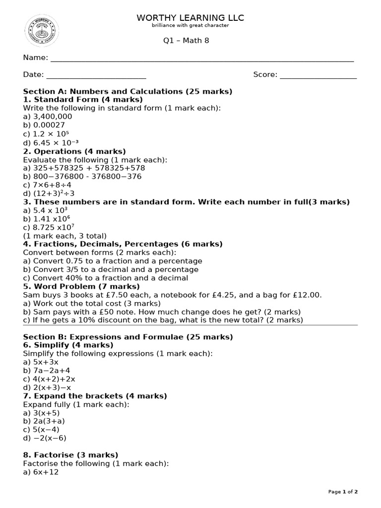 Math 8 Practice Test Q1 | PDF