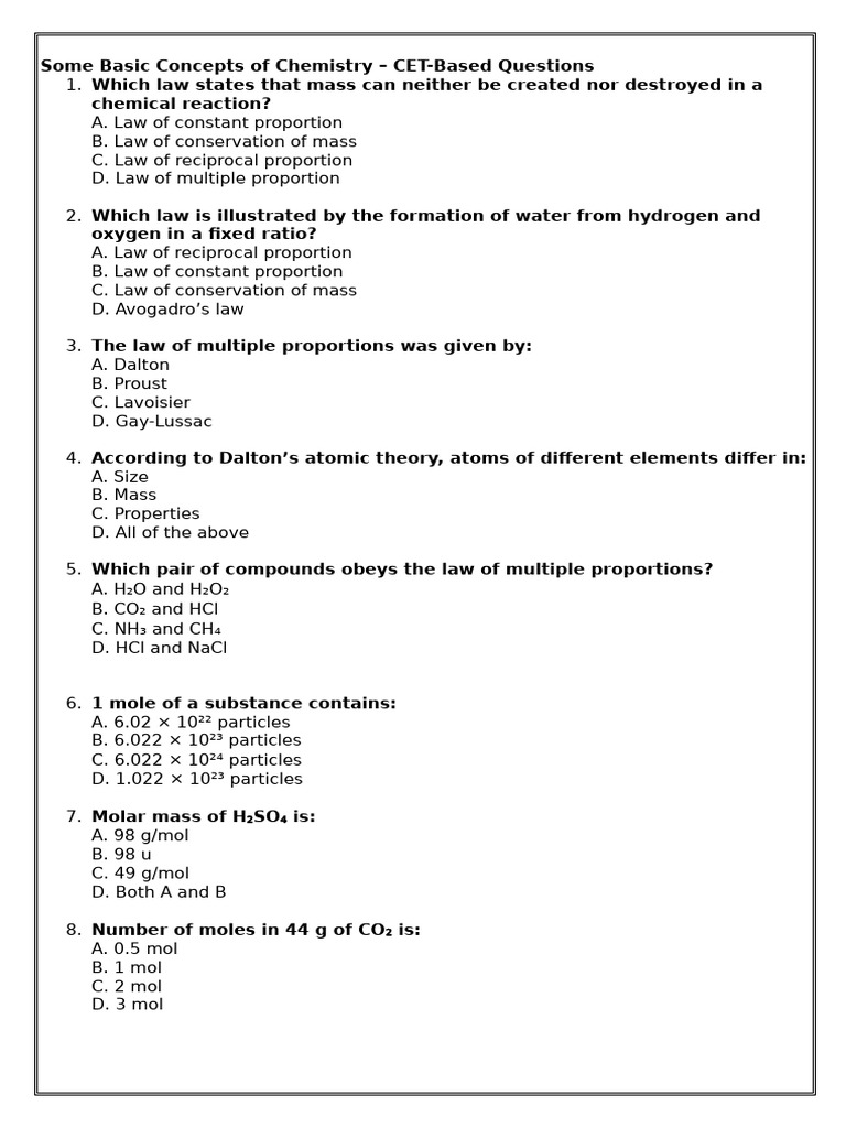 Chemistry Concepts: CET Questions Guide | PDF | Mole (Unit) | Quantity