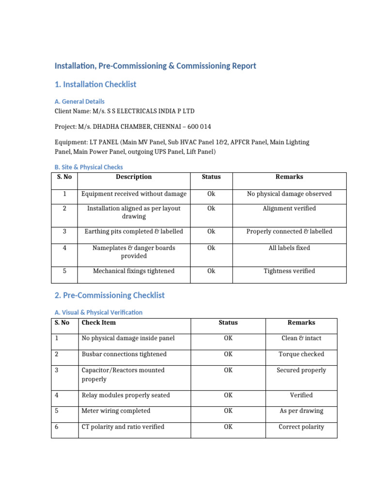 LT Panel Installation & Commissioning Report | PDF | Power (Physics ...