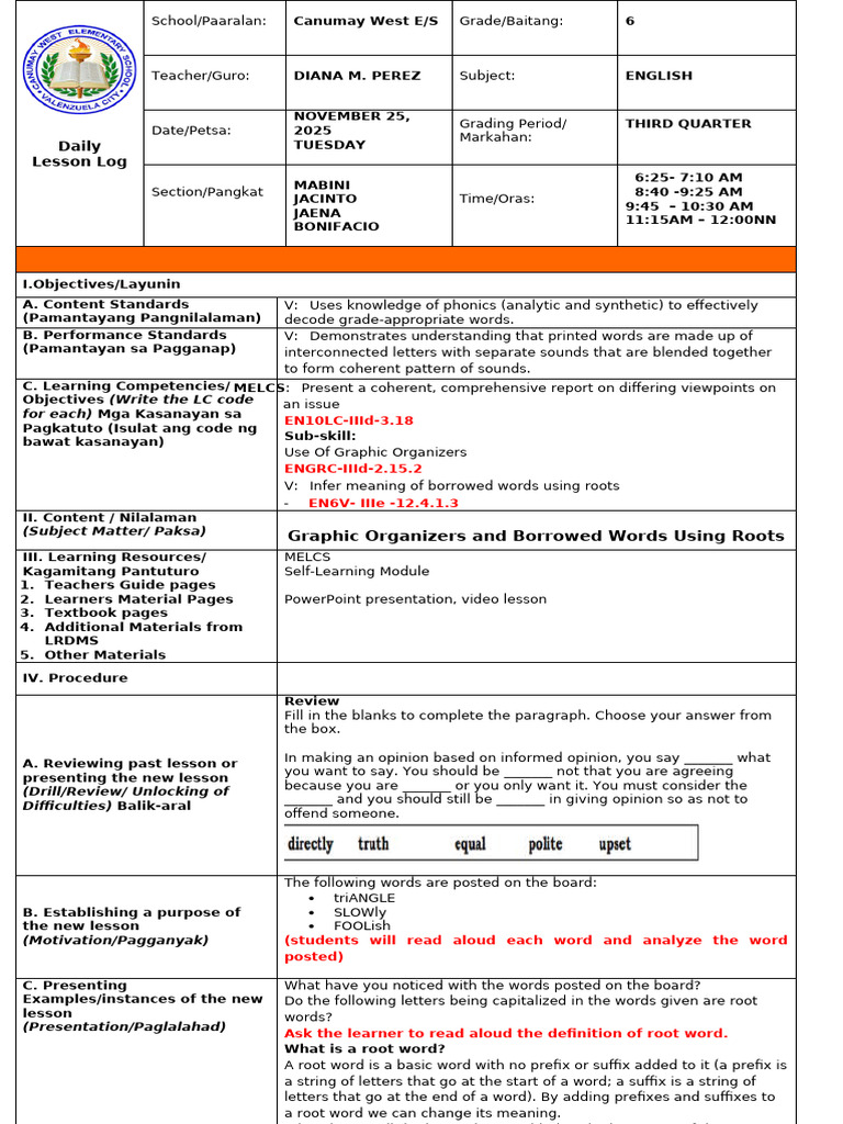 Grade 6 English Lesson Plan: Phonics & Roots | PDF | Word | Phonics
