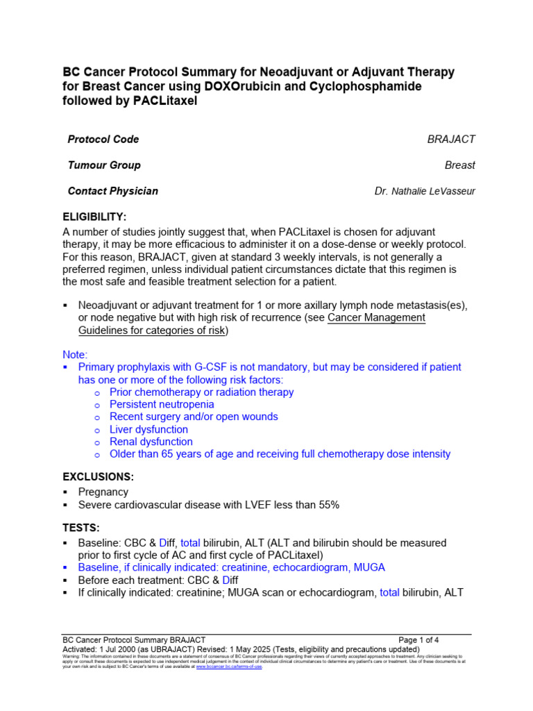 BC Cancer Protocol for Breast Cancer Therapy | PDF | Chemotherapy ...