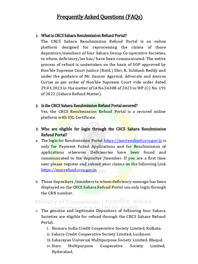 CRCS Sahara Refund Portal FAQs | PDF | Identity Document | Banks