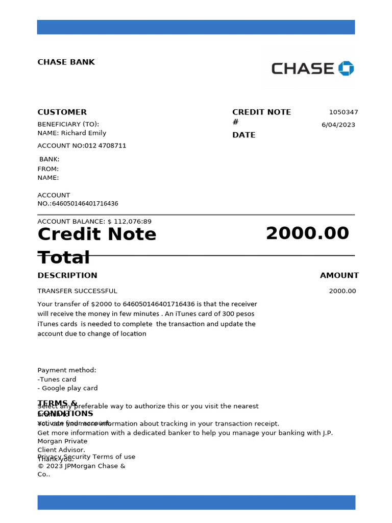 Chase Bank Credit Note Details | PDF