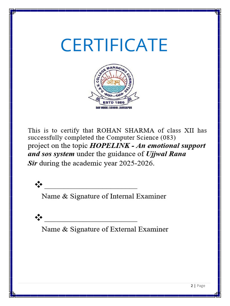 Rohan Sharma's Computer Science Project Certificate | PDF