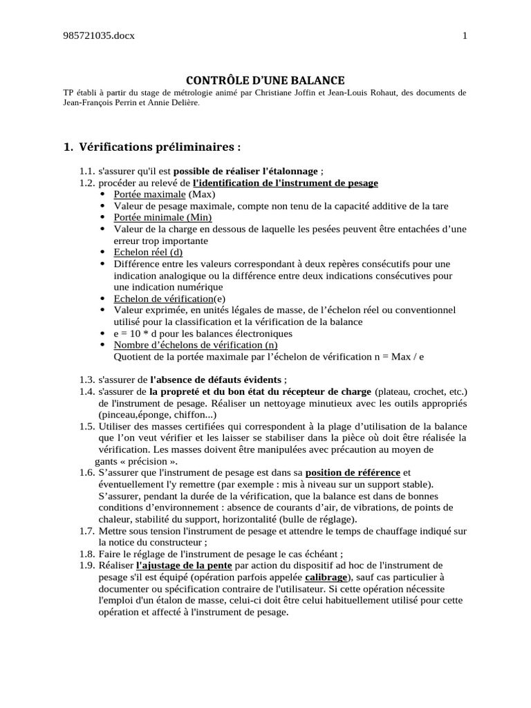 Guide de Contrôle et Vérification de Balance | PDF | Balance (instrument)