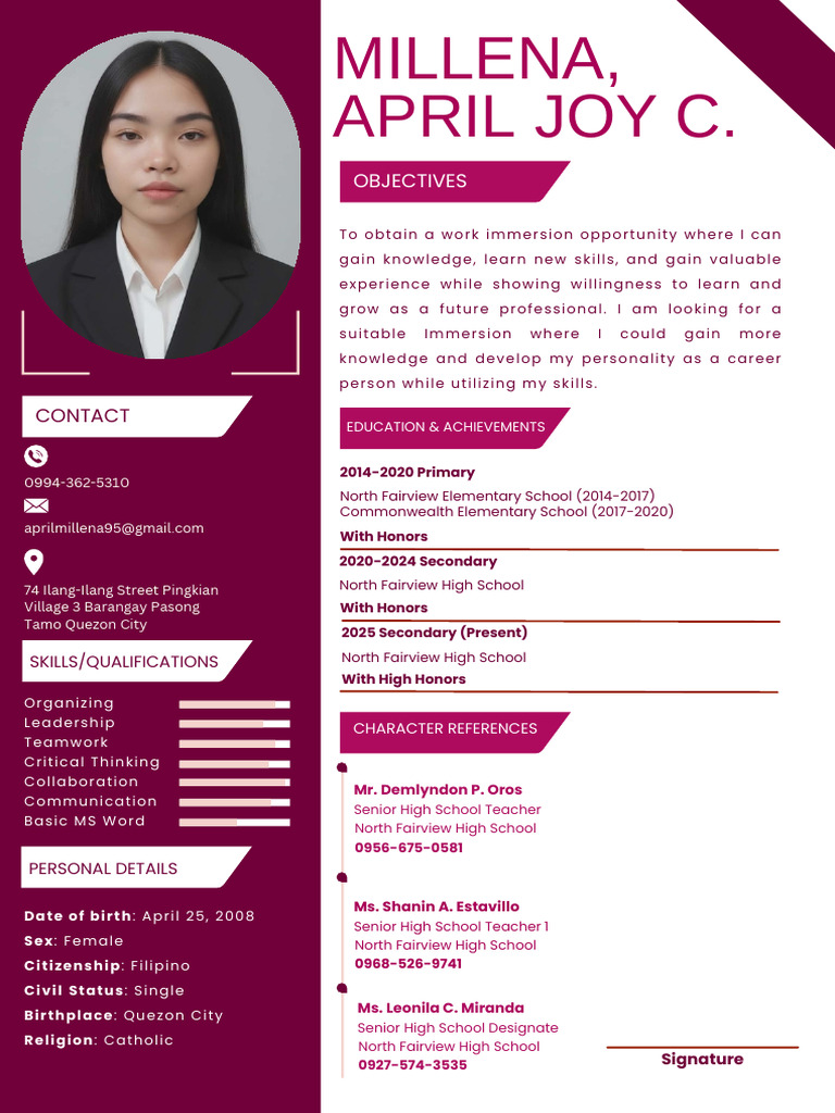 Student Resume for Work Immersion | PDF