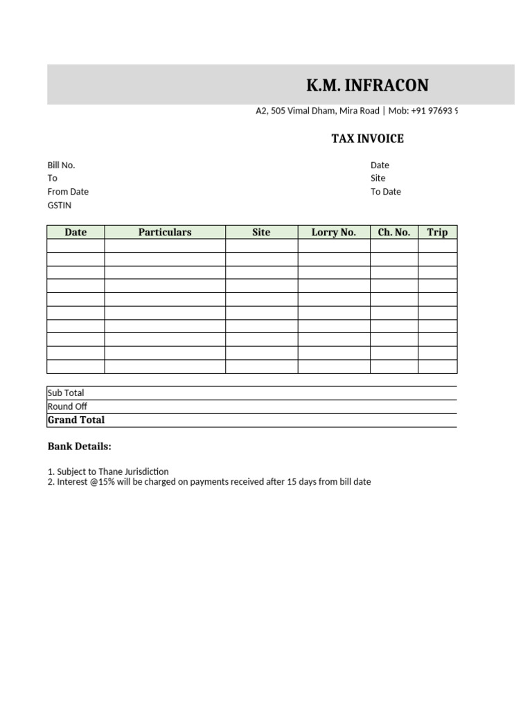 K.M. Infracon Tax Invoice Template | PDF