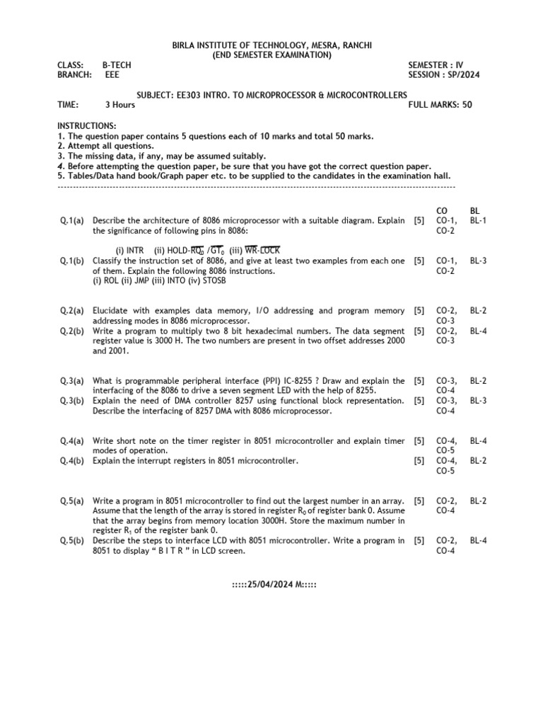 B-Tech EEE Microprocessor Exam Paper | PDF | Microcontroller | Central ...