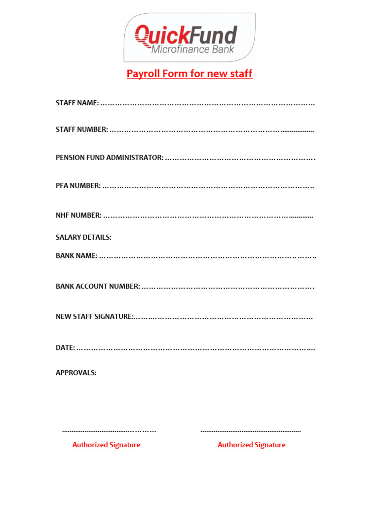 HR Payroll Information Form For New Staff | PDF