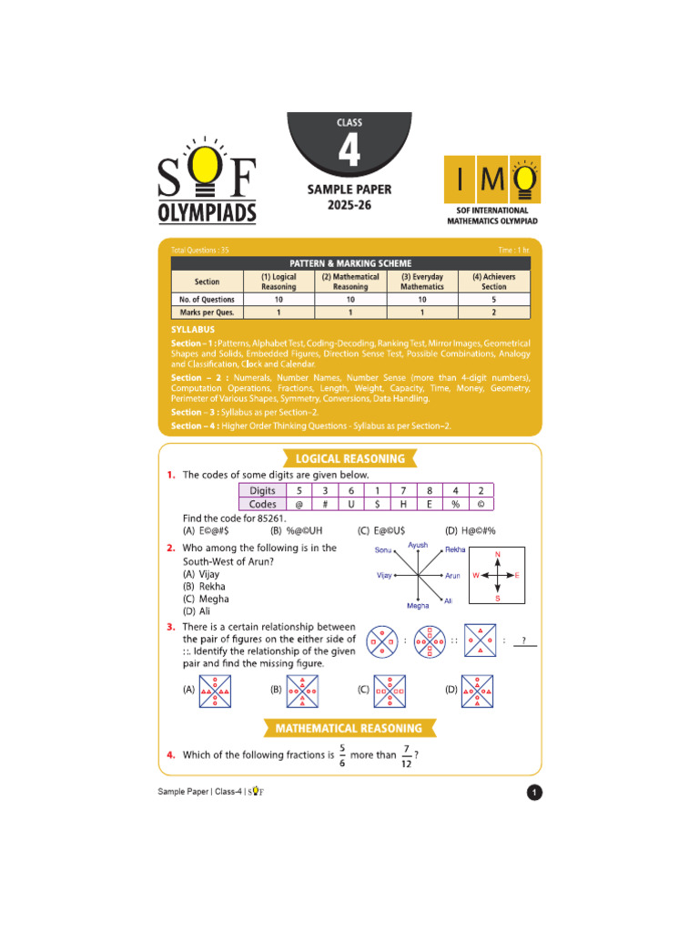 Sample Paper - Class-4 | PDF