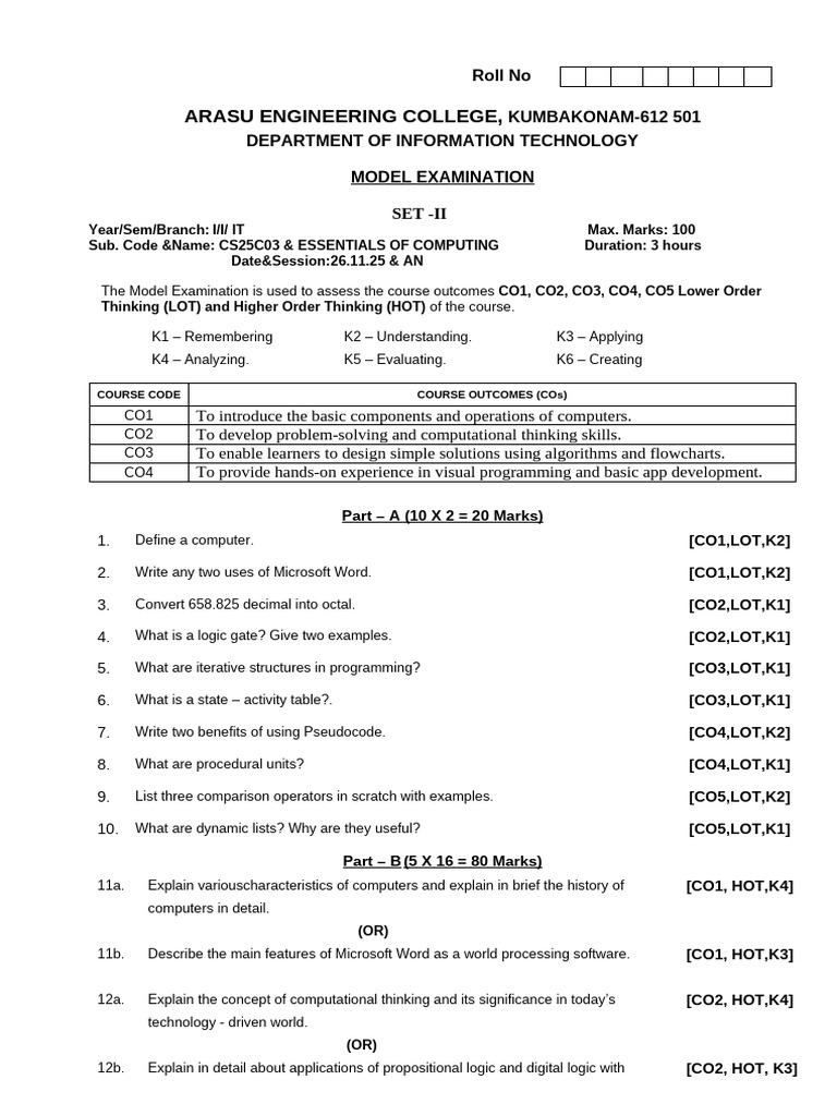 Model Exam for Essentials of Computing | PDF | Algorithms | Computing