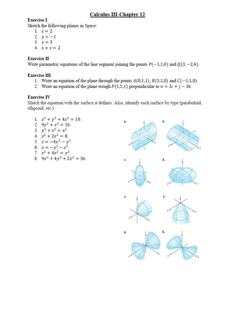 Calculus III: Planes and Surfaces Exercises | PDF