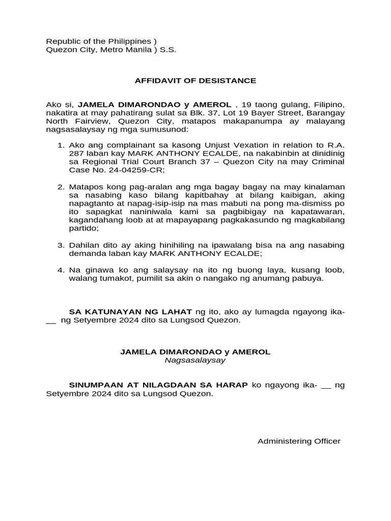 Affidavit of Desistance Tagalog | PDF