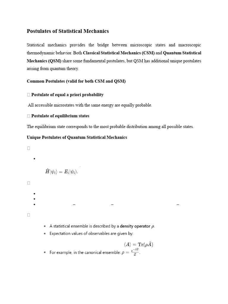 Key Postulates of Statistical Mechanics | PDF